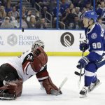 Tampa Bay Lightning center Vladislav Namestnikov (90) scores past Arizona Coyotes goalie Louis Domingue (35) during the second period of an NHL hockey game Tuesday, March 21, 2017, in Tampa, Fla. (AP Photo/Chris O'Meara)