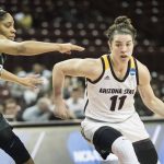 Arizona State guard Robbi Ryan (11) dribbles around Michigan State guard Branndais Agee, left, during a first-round game in the women's NCAA college basketball tournament Friday, March 17, 2017, in Columbia, S.C. Arizona State defeated Michigan State 73-61. (AP Photo/Sean Rayford)
