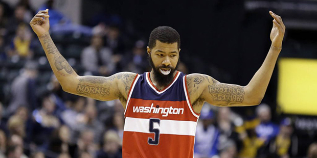 Washington Wizards forward Markieff Morris (5) celebrates in the final minute of the second half of...