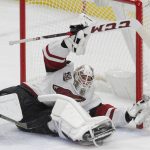 Arizona Coyotes goalie Mike Smith (41) sprawls for a save during the third period of an NHL hockey game against the Buffalo Sabres, Thursday, March. 2, 2017, in Buffalo, N.Y. (AP Photo/Jeffrey T. Barnes)