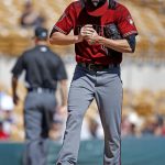 Arizona Diamondbacks starting pitcher Patrick Corbin rubs up a new baseball after giving up a home run to Chicago White Sox catcher Kevan Smith during the second inning of a spring training baseball game Thursday, March 9, 2017, in Glendale, Ariz. (AP Photo/Ross D. Franklin)