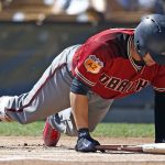 Arizona Diamondbacks' Gregor Blanco pauses near the ground after being knocked down by a pitch from Chicago White Sox starting pitcher Lucas Giolito during the first inning of a spring training baseball game Thursday, March 9, 2017, in Glendale, Ariz. (AP Photo/Ross D. Franklin)