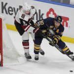 Buffalo Sabres Ryan O'Reilly (90) is chased by Arizona Coyotes Connor Murphy (5) during the third period of an NHL hockey game, Thursday, March. 2, 2017, in Buffalo, N.Y. (AP Photo/Jeffrey T. Barnes)
