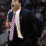 Arizona head coach Sean Miller yells from the bench during the first half of an NCAA Tournament college basketball regional semifinal game against aXavier Thursday, March 23, 2017, in San Jose, Calif. (AP Photo/Tony Avelar)