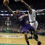 Phoenix Suns guard Leandro Barbosa (19) goes to the basket against Boston Celtics forward Amir Johnson (90) during the first quarter of an NBA basketball game, Friday, March 24, 2017, in Boston. (AP Photo/Elise Amendola)