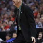 North Dakota coach Brian Jones yells at officials during the first half of a first-round game against Arizona in the NCAA men's college basketball tournament Thursday, March 16, 2017, in Salt Lake City. (AP Photo/George Frey)