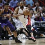 Miami Heat's Wayne Ellington (2) drives to the basket as Phoenix Suns' Leandro Barbosa (19) defends during the first half of an NBA basketball game, Tuesday, March 21, 2017, in Miami. (AP Photo/Lynne Sladky)