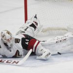 Arizona Coyotes goalie Mike Smith (41) makes a pad save during the third period of an NHL hockey game against Buffalo Sabres, Thursday, March. 2, 2017, in Buffalo, N.Y. (AP Photo/Jeffrey T. Barnes)