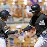 Chicago White Sox catcher Kevan Smith, right, slaps hands with the bat boy after Smith's home run against the Arizona Diamondbacks during the second inning of a spring training baseball game Thursday, March 9, 2017, in Glendale, Ariz. (AP Photo/Ross D. Franklin)