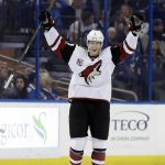 Arizona Coyotes defenseman Connor Murphy (5) celebrates after scoring against the Tampa Bay Lightning during the third period of an NHL hockey game Tuesday, March 21, 2017, in Tampa, Fla. The Coyotes won the game 5-3. (AP Photo/Chris O'Meara)
