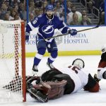 Tampa Bay Lightning right wing Nikita Kucherov (86) watches his shot get past Arizona Coyotes goalie Louis Domingue during the second period of an NHL hockey game Tuesday, March 21, 2017, in Tampa, Fla. (AP Photo/Chris O'Meara)
