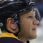 Buffalo Sabres forward Kyle Okposo (21) looks on prior to the first period of an NHL hockey game against the Arizona Coyotes, Thursday, March. 2, 2017, in Buffalo, N.Y. (AP Photo/Jeffrey T. Barnes)