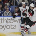 Arizona Coyotes Tobias Rieder (8) and Christian Dvorak (18) celebrate a goal during the second period of an NHL hockey game against the Buffalo Sabres, Thursday, March. 2, 2017, in Buffalo, N.Y. (AP Photo/Jeffrey T. Barnes)