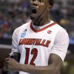 Louisville's Mangok Mathiang celebrates during the first half of a first-round game against the Jackson State in the men's NCAA college basketball tournament Friday, March 17, 2017, in Indianapolis, Mo. (AP Photo/Jeff Roberson)