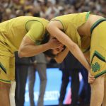 Notre Dame forward Austin Torres, left, and Matt Ryan, right, react after their 83-71 loss to West Virginia in a second-round men's college basketball game in the NCAA Tournament, Saturday, March 18, 2017, in Buffalo, N.Y. (AP Photo/Bill Wippert)