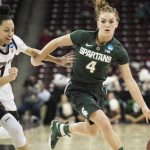 Michigan State guard Taryn McCutcheon (4) dribbles around Arizona State guard Reili Richardson (1) during a first-round game in the women's NCAA college basketball tournament Friday, March 17, 2017, in Columbia, S.C. (AP Photo/Sean Rayford)