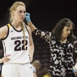 Arizona State center Quinn Dornstauder (22) receives medical treatment against Michigan State during a first-round game in the women's NCAA college basketball tournament Friday, March 17, 2017, in Columbia, S.C. Arizona State defeated Michigan State 73-61. (AP Photo/Sean Rayford)