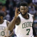 Boston Celtics forward Jaylen Brown (7) gestures after making a 3-point shot against the Phoenix Suns during the first quarter of an NBA basketball game, Friday, March 24, 2017, in Boston. (AP Photo/Elise Amendola)