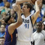 Phoenix Suns forward Jared Dudley (3) defends Dallas Mavericks forward Dirk Nowitzki (41) during the second half of an NBA basketball game in Dallas, Saturday, March 11, 2017. The Suns defeated the Mavericks 100-98. (AP Photo/Michael Ainsworth)