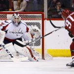 Arizona Coyotes' Alexander Burmistrov (91) sends a shot at Washington Capitals' Braden Holtby (70) during the first period of an NHL hockey game Friday, March 31, 2017, in Glendale, Ariz. (AP Photo/Ross D. Franklin)