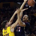 Arizona State forward Ramon Vila (33) defends the shot by Arizona center Chance Comanche during the first half of an NCAA college basketball game, Saturday, March 4, 2017, in Tempe, Ariz. (AP Photo/Rick Scuteri)