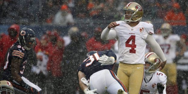 San Francisco 49ers kicker Phil Dawson (4) kicks a field goal during the first half of an NFL footb...
