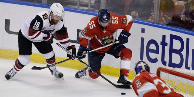 Arizona Coyotes left wing Max Domi (16) and Florida Panthers defenseman Jason Demers (55) fight for...