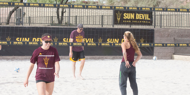 Arizona State women’s beach volleyball coach Brad Keenan (center) said recruiting players who are...