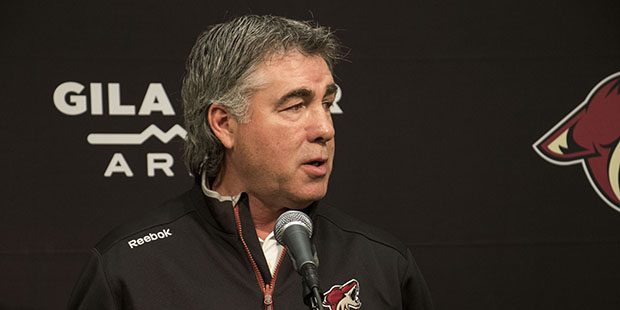 Arizona Coyotes head coach Dave Tippett talks to the media on locker clearout day at Gila River Are...