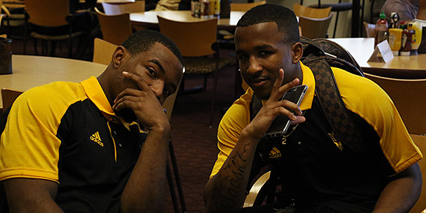 ASU wide receivers Ryan Newsome (left) and John Humphrey (right) pose for a picture on Wednesday, F...