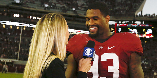 Alabama defensive lineman Jonathan Allen is interviewed by the media after the beating Texas A&...