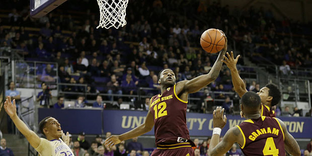 Arizona State forward Andre Adams (12) grabs a rebound during the first half of the team's NCAA col...