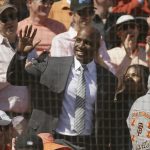 Home run king Barry Bonds waves while being introduced at AT&T Park in the fifth inning of a baseball game between the San Francisco Giants and the Arizona Diamondbacks on Monday, April 10, 2017, in San Francisco. (AP Photo/Eric Risberg)
