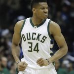 Milwaukee Bucks' Giannis Antetokounmpo reacts after a dunk during the first half of Game 4 of an NBA first-round playoff series basketball game against the Toronto Raptors Saturday, April 22, 2017, in Milwaukee. (AP Photo/Morry Gash)