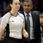 Phoenix Suns head coach Earl Watson argues a call with referee Lauren Holtkamp during the first half of an NBA basketball game against the Golden State Warriors, Wednesday, April 5, 2017, in Phoenix. (AP Photo/Matt York)