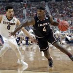 South Carolina's Rakym Felder (4) drives against Gonzaga's Silas Melson (0) during the second half in the semifinals of the Final Four NCAA college basketball tournament, Saturday, April 1, 2017, in Glendale, Ariz. (AP Photo/David J. Phillip)