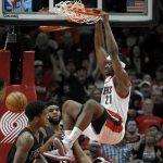 Portland Trail Blazers forward Noah Vonleh dunks during the first quarter of the team's NBA basketball game against the Phoenix Suns in Portland, Ore., Saturday, April 1, 2017. (AP Photo/Steve Dykes)