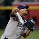 San Diego Padres pitcher Jhoulys Chacin throws against the Arizona Diamondbacks during the first inning of a baseball game, Monday, April 24, 2017, in Phoenix. (AP Photo/Matt York)
