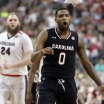 South Carolina's Sindarius Thornwell (0) reacts to a 3-point basket during the second half in the semifinals of the Final Four NCAA college basketball tournament against Gonzaga, Saturday, April 1, 2017, in Glendale, Ariz. (AP Photo/Mark Humphrey)