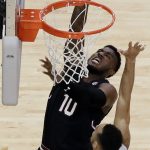 South Carolina's Duane Notice (10) shoots over Gonzaga's Nigel Williams-Goss (5) during the second half in the semifinals of the Final Four NCAA college basketball tournament, Saturday, April 1, 2017, in Glendale, Ariz. (AP Photo/David J. Phillip)