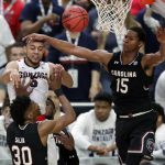 South Carolina's Chris Silva (30) and PJ Dozier (15) defend against Gonzaga's Nigel Williams-Goss (5) during the second half in the semifinals of the Final Four NCAA college basketball tournament, Saturday, April 1, 2017, in Glendale, Ariz. (AP Photo/Matt York)