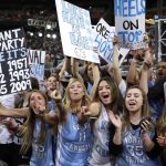North Carolina fans cheer during the first half in the semifinals against Oregon in the Final Four NCAA college basketball tournament, Saturday, April 1, 2017, in Glendale, Ariz. (AP Photo/David J. Phillip)