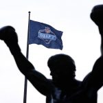 An NFL Draft flag flies near the Rocky statue during the second round of the 2017 NFL football draft, Friday, April 28, 2017, in Philadelphia. (AP Photo/Matt Rourke)