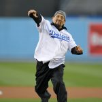 Actor Danny Trejo throws out the ceremonial first pitch prior to a baseball game between the Los Angeles Dodgers and the Arizona Diamondbacks, Monday, April 17, 2017, in Los Angeles. (AP Photo/Mark J. Terrill)
