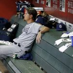 San Diego Padres' Jered Weaver sits in the dugout after pitching the fifth inning of the team's baseball game against the Arizona Diamondbacks on Thursday, April 27, 2017, in Phoenix. (AP Photo/Ross D. Franklin)