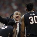 South Carolina head coach Frank Martin talks to his players during the second half in the semifinals of the Final Four NCAA college basketball tournament against Gonzaga, Saturday, April 1, 2017, in Glendale, Ariz. (AP Photo/David J. Phillip)
