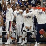 Gonzaga bench reacts during the second half in the semifinals of the Final Four NCAA college basketball tournament against South Carolina, Saturday, April 1, 2017, in Glendale, Ariz. (AP Photo/Matt York)