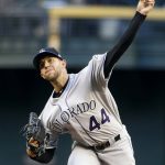 Colorado Rockies' Tyler Anderson throws a pitch against the Arizona Diamondbacks during the first inning of a baseball game, Saturday, April 29, 2017, in Phoenix. (AP Photo/Ralph Freso)