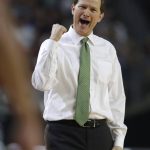 Oregon head coach Dana Altman reacts during the first half against North Carolina in the semifinals of the Final Four NCAA college basketball tournament, Saturday, April 1, 2017, in Glendale, Ariz. (AP Photo/David J. Phillip)