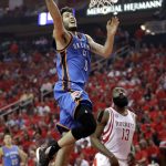 Oklahoma City Thunder's Alex Abrines (8) goes up for a shot as Houston Rockets' James Harden (13) watches during the first half in Game 5 of an NBA basketball first-round playoff series, Tuesday, April 25, 2017, in Houston. (AP Photo/David J. Phillip)